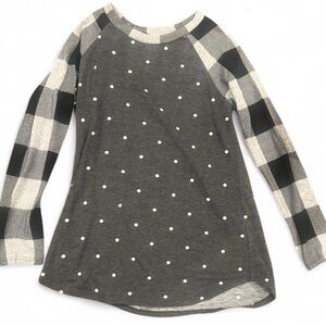 Women's Viamor Gray Polka Dot Top with Buffalo Plaid Sleeves Size S